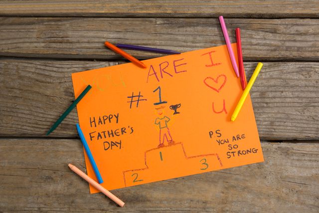 Handmade Father's Day card with colorful crayons on a wooden table. The card features a drawing of a podium with a figure labeled '#1', along with messages of love and appreciation. Ideal for use in articles or advertisements about Father's Day celebrations, DIY crafts, children's art projects, and family bonding activities.