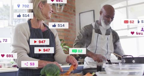 Couple cooking together with social media overlays chopping vegetables in kitchen