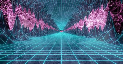 Futuristic neon wireframe tunnel with fractal lights