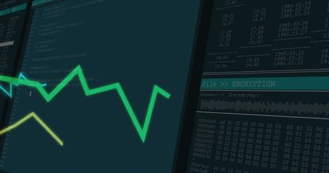 Neon green analytics graph showing encryption hex dump on dark multiscreen dashboard