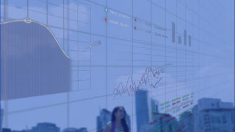 Data Overlay in Urban Scene with Woman Walking