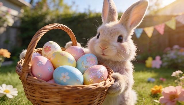 Cute cream rabbit holding wicker basket of pastel easter eggs in sunlit backyard celebration