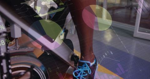 Digital Technology Meets Fitness: Man Cycling with Data Graphics Overlay
