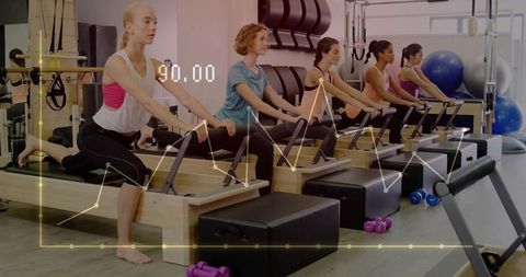 Women Practicing Pilates on Reformer Machines with Data Overlay