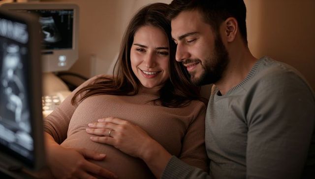 Expectant parents viewing sonogram during intimate prenatal ultrasound, baby bump bonding