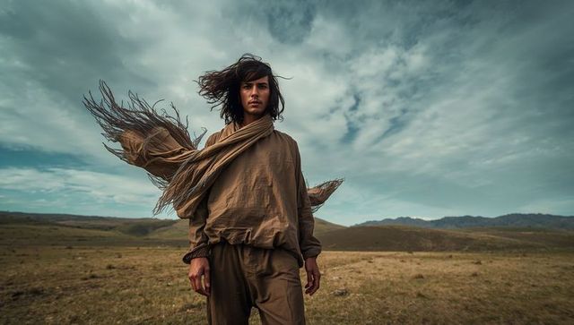 Windblown nomad standing on vast grassland, flowing scarf, dramatic sky and mountains