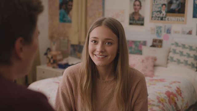 Teenage Girl Engaging in Conversation in Cozy Bedroom Atmosphere