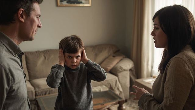 Child protecting ears during parents discussion at home