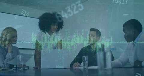 Collaborating team analyzing data dashboard in boardroom with green analytics overlay