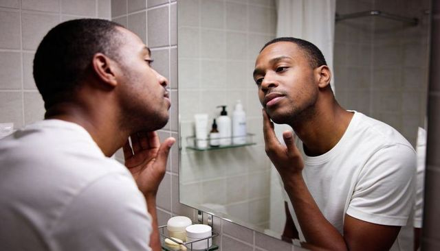 Man examining facial skin in bathroom mirror while touching chin for grooming routine
