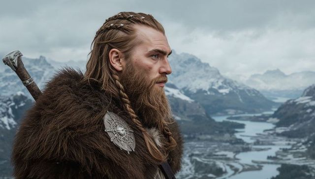Bearded Warrior Overlooks Mountain Valley in Epic Fantasy Setting