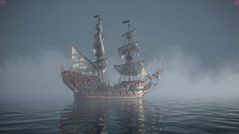 Vintage sailing pirate ship on misty sea