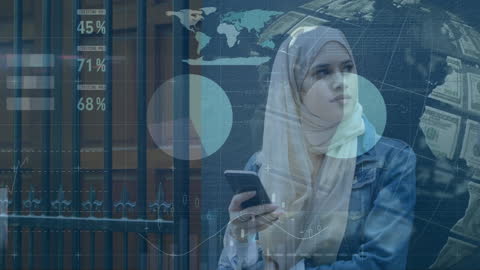 Muslim Woman Analyzing Data with Digital Interface Overlay
