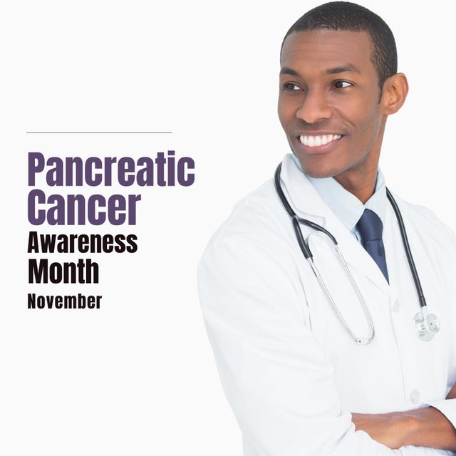 Composition of pancreatic cancer awareness month november text with african american doctor. Pancreatic cancer awareness month and celebration concept digitally generated image.