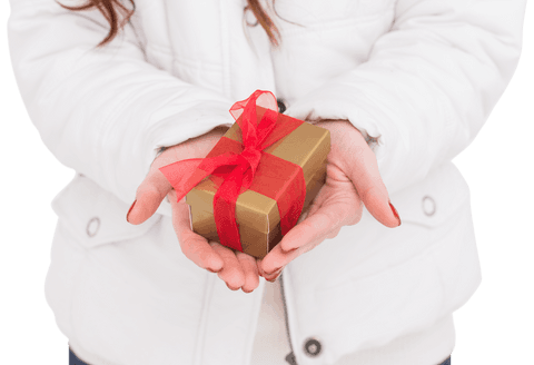 Transparent Woman in White Coat Holding Gift with Red Ribbon