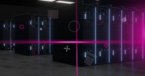 Futuristic data server room with global network holograms