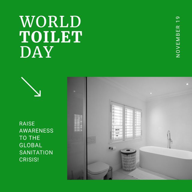 Digital composite image of world toilet day text at white bathroom in green frame, copy space. Raise awareness, safely managed sanitation, hygiene, public health, promote basic sanitation.