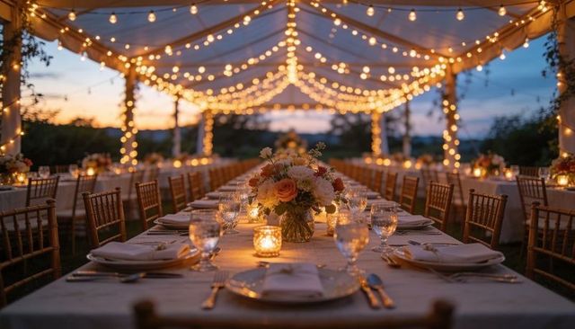 Twilight garden wedding reception under canopy with string lights and floral centerpiece
