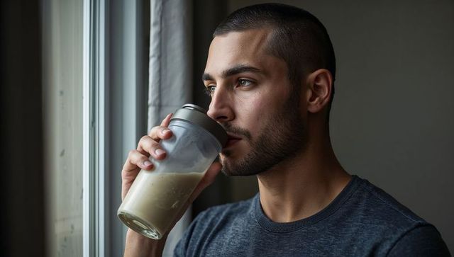 Middle eastern man drinking protein shake by window, reflecting on healthy lifestyle daily