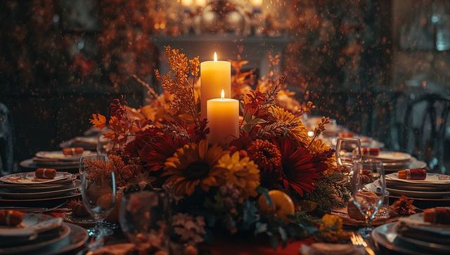 Autumnal festive table setting with candles and foliage