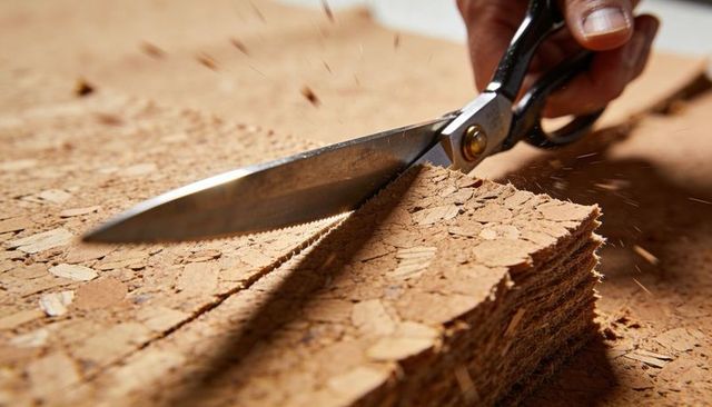 Cutting stacked cork sheets with heavy-duty shears close-up craftwork action