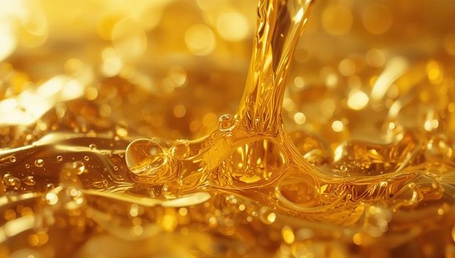 Golden liquid stream creates swirling pool with bubbles