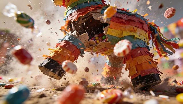 Fringed donkey pinata bursting, spilling colorful candies and confetti in dusty outdoor celebration