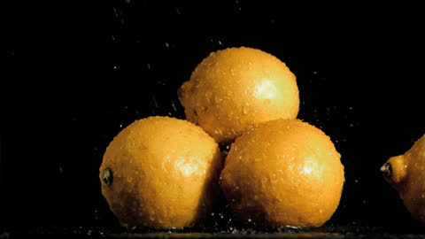 Fresh Lemons Being Splashed on Black Background in Slow Motion