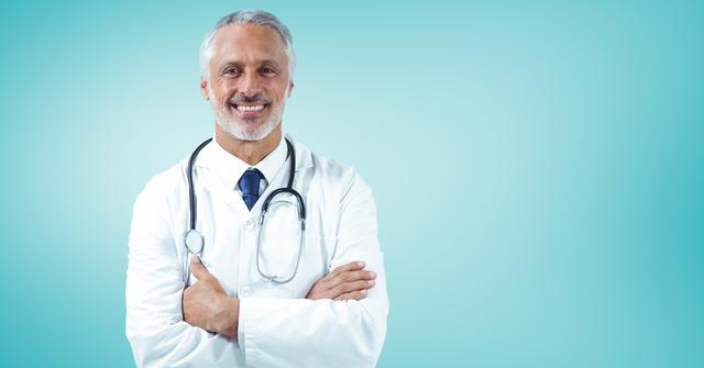 Digital composition of a confident male doctor standing against turquoise background