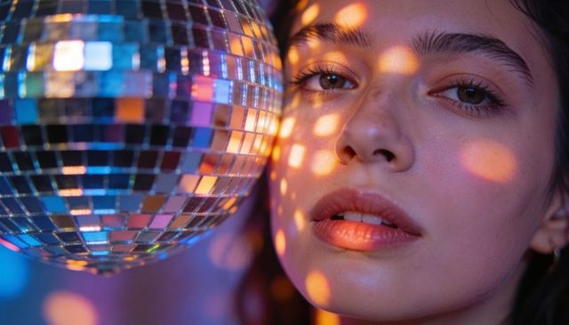 Closeup young woman posing with mirrored disco ball casting colorful reflections on face