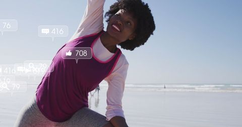 African American Woman Practicing Yoga on Beach with Social Media Overlay
