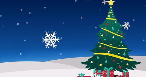 Christmas Tree with Gifts and Snowflakes in Winter Landscape