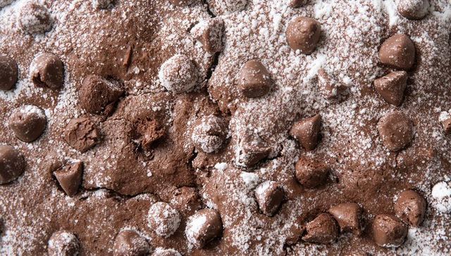Fudgy chocolate brownie close-up showing powdered sugar dusting and glossy chocolate chips