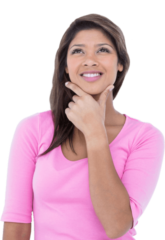 Thoughtful Close-Up of Smiling Woman in Pink Shirt, Transparent Background