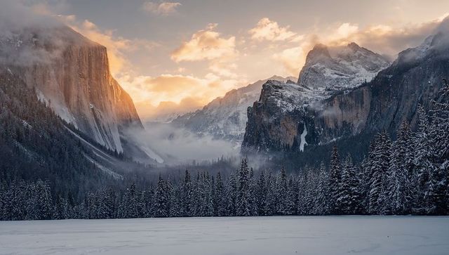 Sunlight illuminating granite cliffs above snow-laden pine valley at winter sunrise, misty