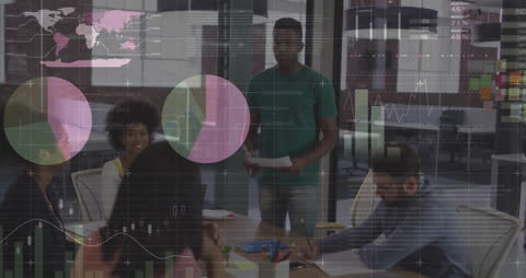 Business Team Analyzing Data with Overlaid Financial Graphics