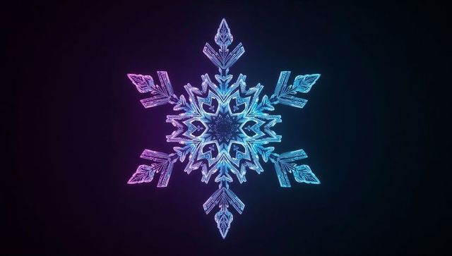 Glowing neon crystal snowflake with magenta-cyan halo on dark gradient