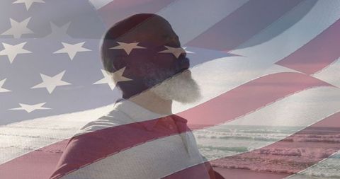Senior Man Reflecting with American Flag Double Exposure