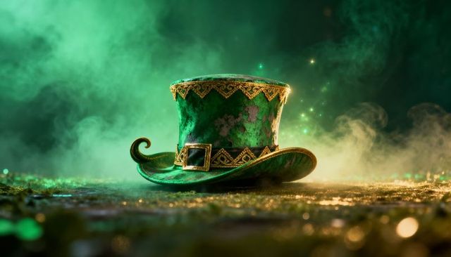 Emerald Leprechaun Top Hat with Gold Trim and Buckle on Glittering Coin-Littered Surface