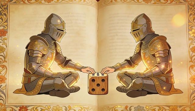 Medieval knights playing dice on illuminated manuscript pages, gold armor, symmetric layout