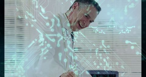 Doctor innovating with digital technology interface in office