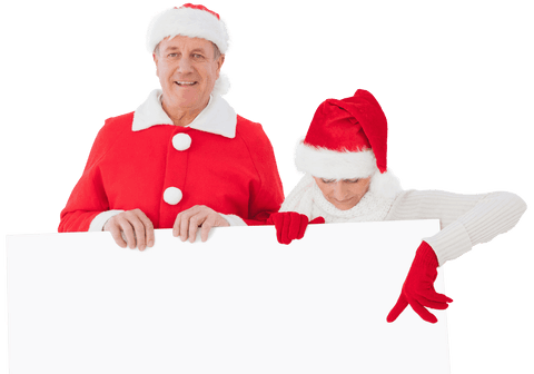 Festive Senior Couple Holding Blank Banner on Transparent Background