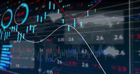 Financial dashboard showing candlestick charts, trend lines, analytics and trader silhouette
