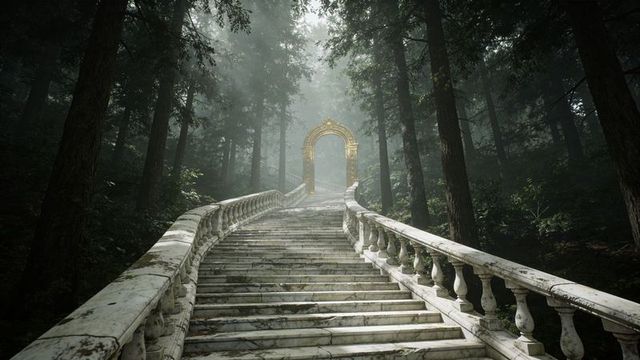 Ascending marble staircase through misty pine forest toward glowing ornate golden arch