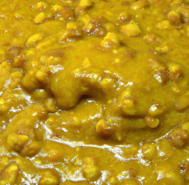 Close-up image of a rich and spicy curry sauce with visible lentils and chickpeas. This delicious and hearty dish is perfect for food-related content, recipe blogs, restaurant promotions, or advertisements for Indian cuisine.