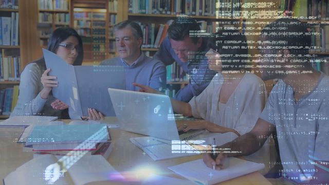 Diverse team collaborating in library setting with overlay of coded data, showcasing integration of traditional studies with modern technology. Ideal for educational service advertisements, tech-gadget commercial promotions, or illustrating teamwork and modern analyses in report presentations.