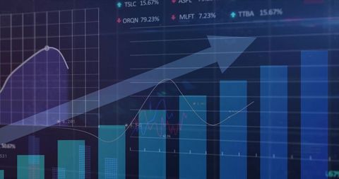 Financial dashboard with rising blue bar chart, upward arrow and data analytics overlay