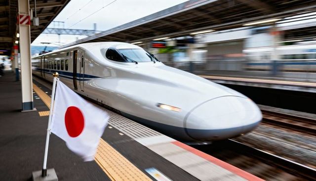 Shinkansen bullet train speeding through japanese station platform with flag