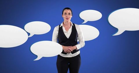 Woman Engaging in Interactive Communication with Speech Bubbles