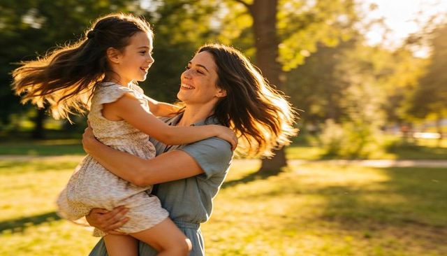 Mother spinning daughter in sunlit park embracing joy during golden hour